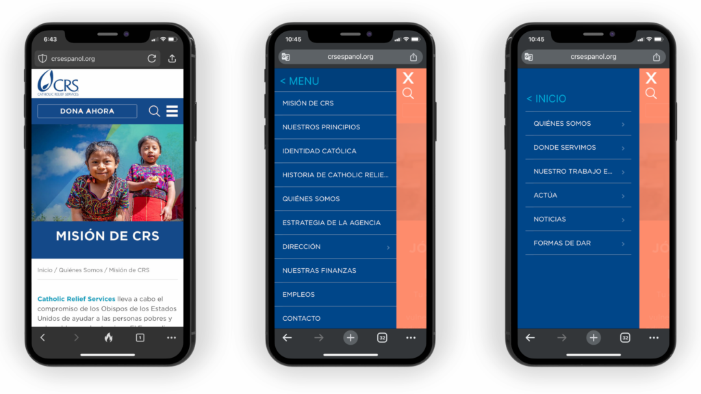 Mockup of three iPhone screens shown side-by-side, featuring the landing page and navigation menus of the CRS Spanish-language mobile website. -- Mockup de tres pantallas de iPhone mostradas una al lado de la otra, con la página de inicio y los menús de navegación del sitio web móvil en español de CRS.